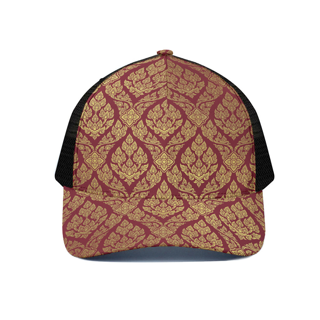 Gold And Red Thai Pattern Print Black Mesh Trucker Cap