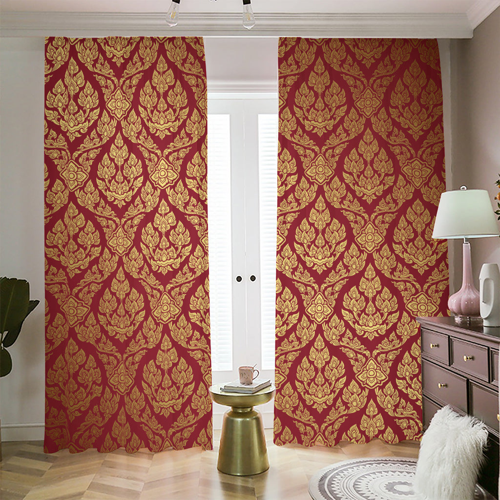 Gold And Red Thai Pattern Print Blackout Pencil Pleat Curtains