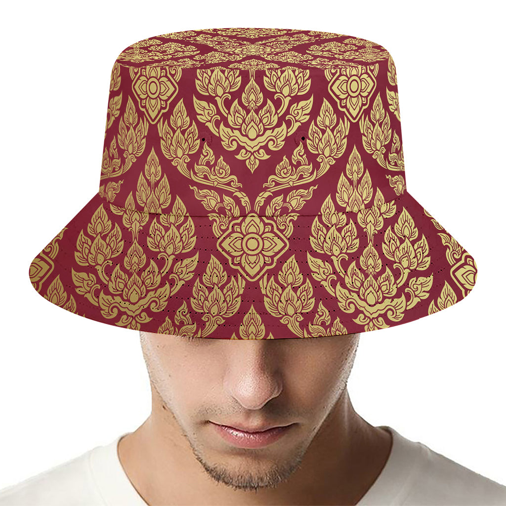 Gold And Red Thai Pattern Print Bucket Hat