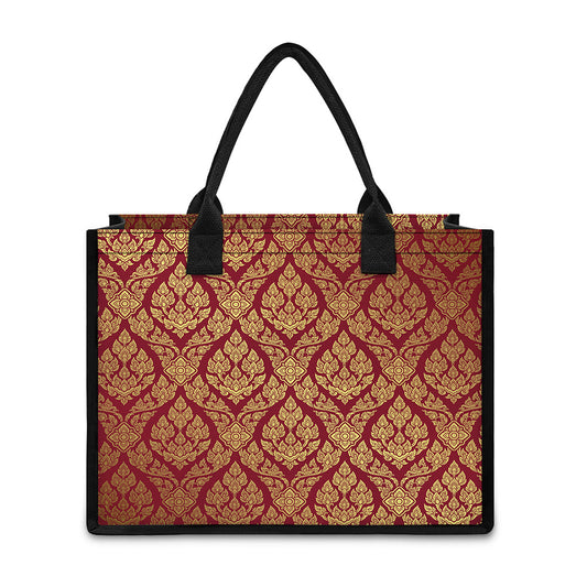 Gold And Red Thai Pattern Print Canvas Tote Bag