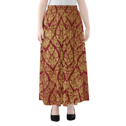 Gold And Red Thai Pattern Print Chiffon Maxi Skirt