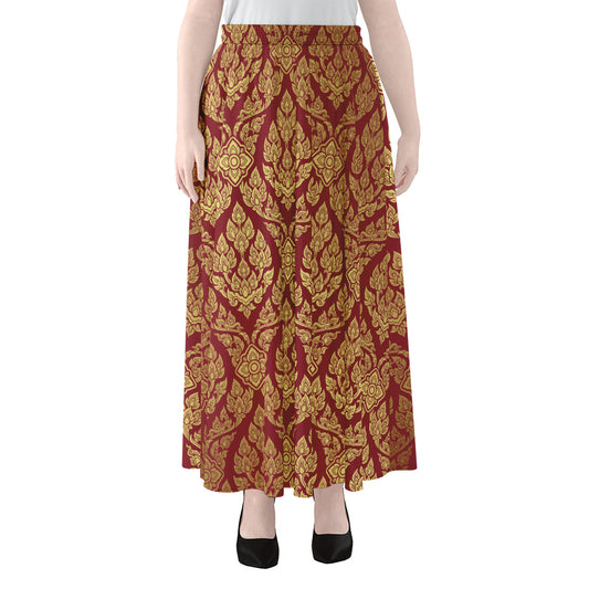 Gold And Red Thai Pattern Print Chiffon Maxi Skirt