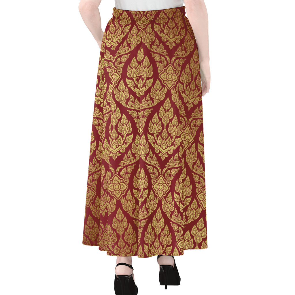 Gold And Red Thai Pattern Print Chiffon Maxi Skirt
