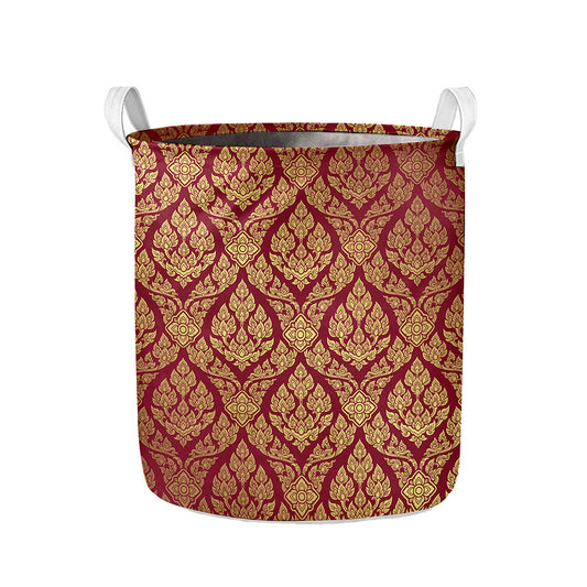 Gold And Red Thai Pattern Print Collapsible Laundry Basket