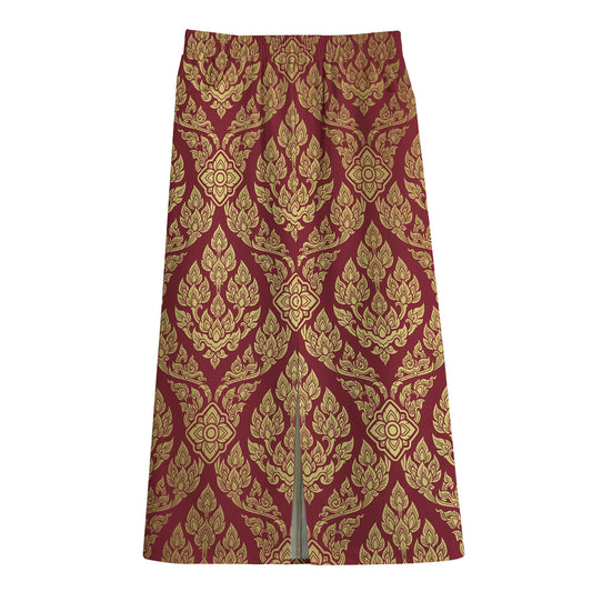 Gold And Red Thai Pattern Print Cotton Front Slit Maxi Skirt
