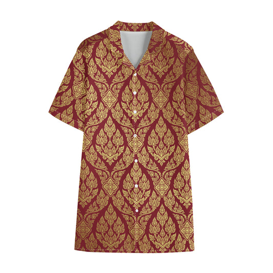 Gold And Red Thai Pattern Print Cotton Hawaiian Shirt