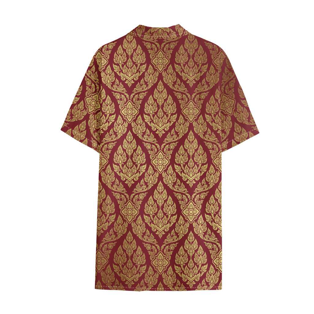 Gold And Red Thai Pattern Print Cotton Hawaiian Shirt