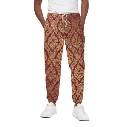 Gold And Red Thai Pattern Print Cotton Pants