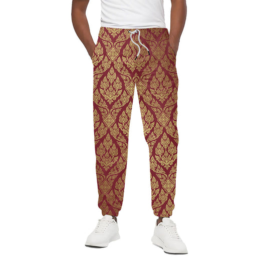 Gold And Red Thai Pattern Print Cotton Pants