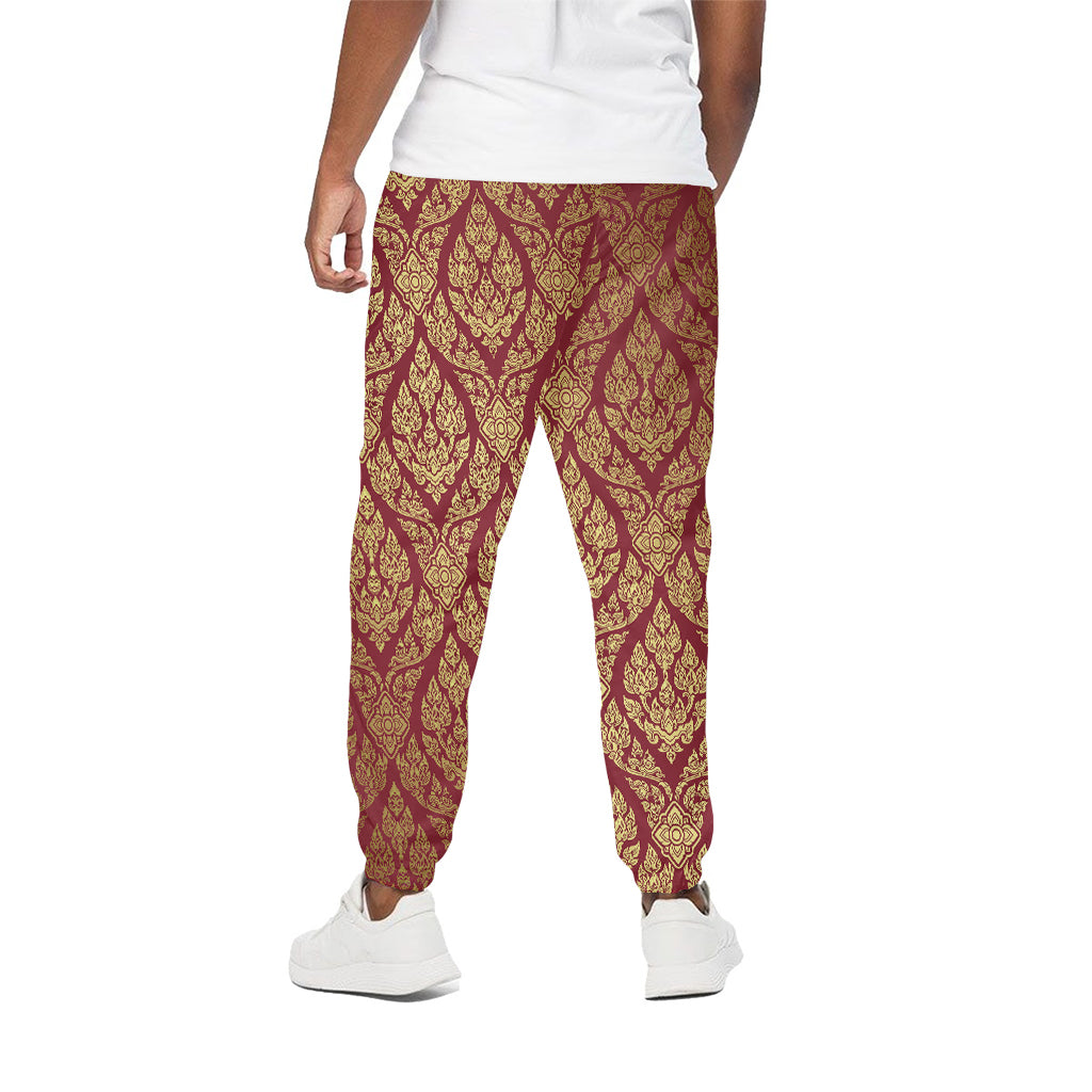 Gold And Red Thai Pattern Print Cotton Pants