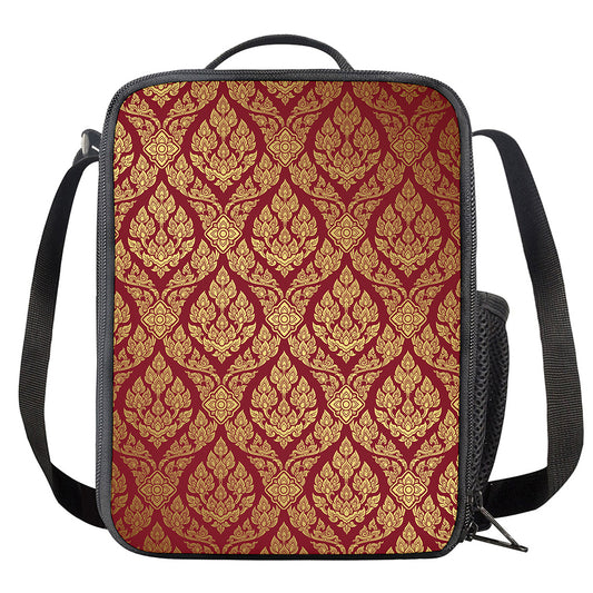 Gold And Red Thai Pattern Print Crossbody Lunch Bag