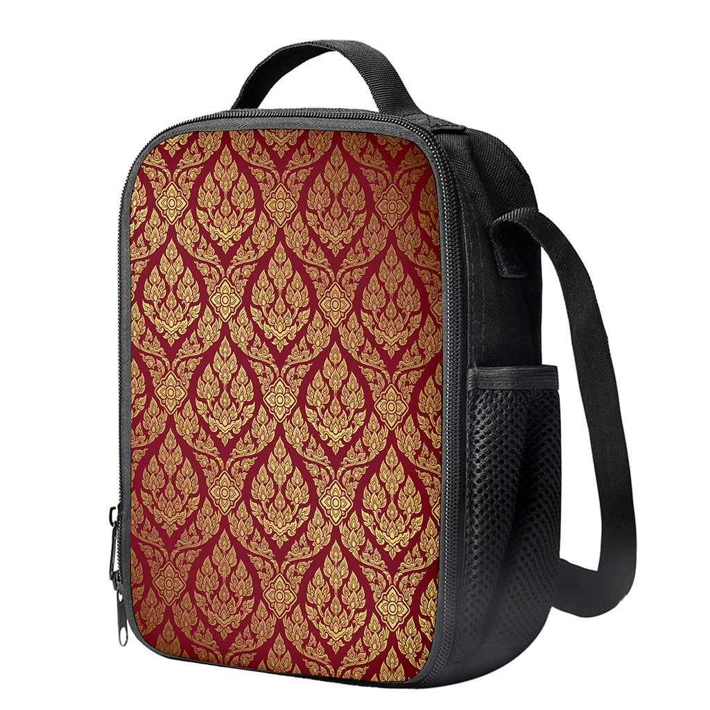 Gold And Red Thai Pattern Print Crossbody Lunch Bag