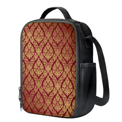 Gold And Red Thai Pattern Print Crossbody Lunch Bag