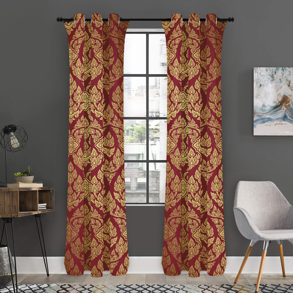Gold And Red Thai Pattern Print Curtain