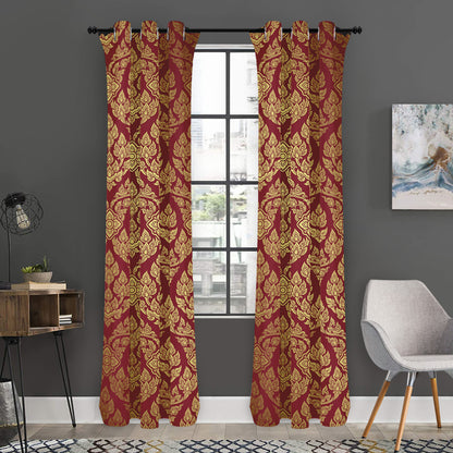 Gold And Red Thai Pattern Print Curtain