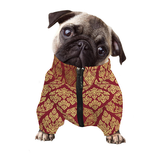 Gold And Red Thai Pattern Print Dog Zip Up Jacket