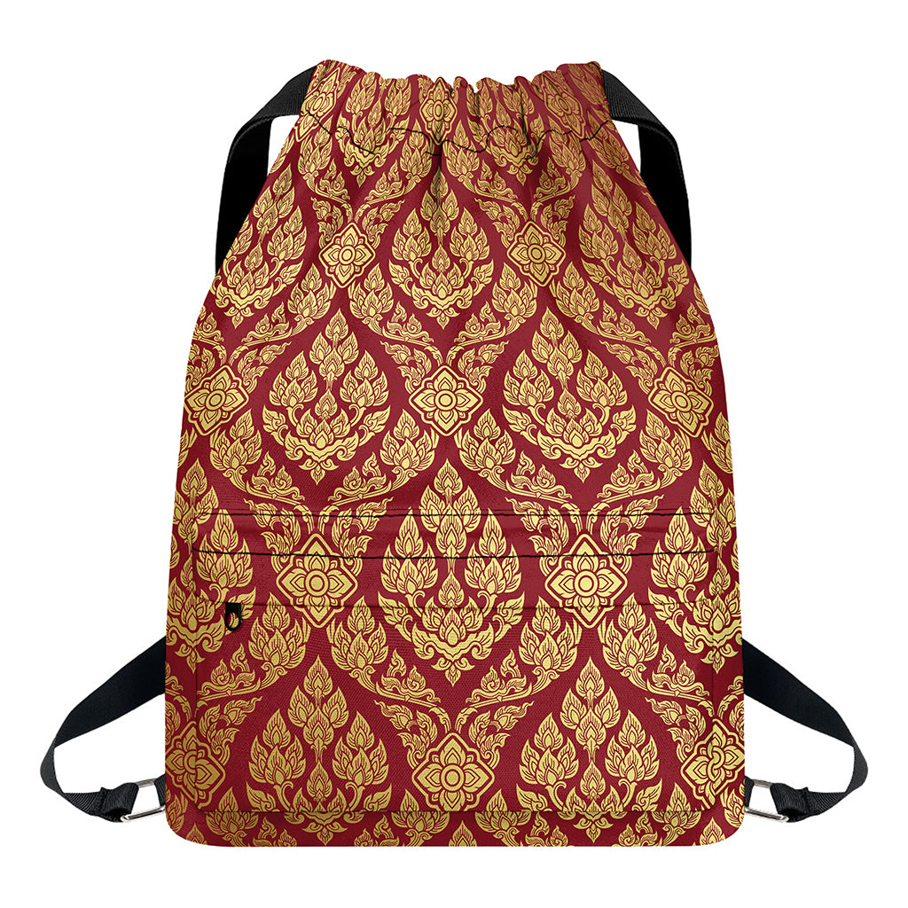 Gold And Red Thai Pattern Print Drawstring Backpack