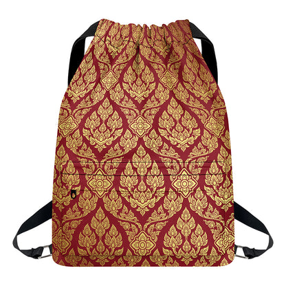 Gold And Red Thai Pattern Print Drawstring Backpack