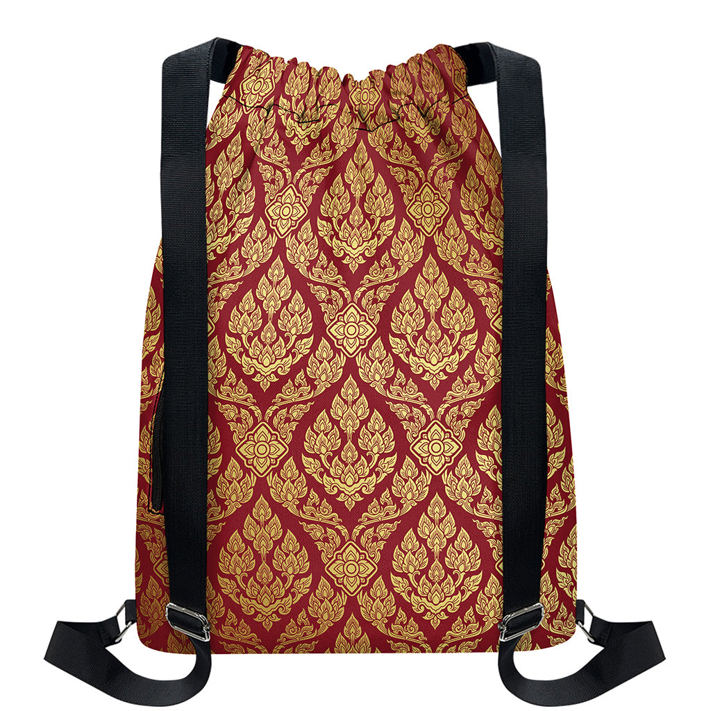 Gold And Red Thai Pattern Print Drawstring Backpack
