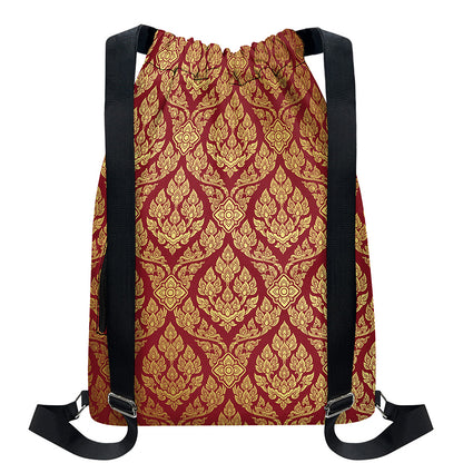 Gold And Red Thai Pattern Print Drawstring Backpack