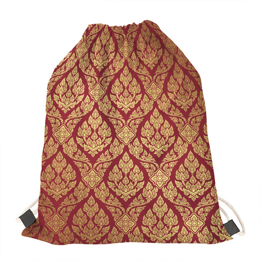 Gold And Red Thai Pattern Print Drawstring Bag