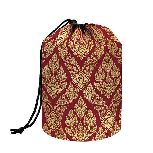 Gold And Red Thai Pattern Print Drawstring Makeup Bag