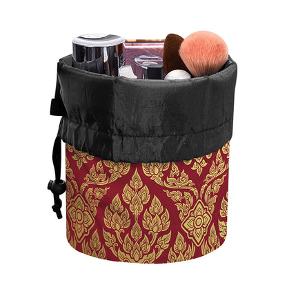 Gold And Red Thai Pattern Print Drawstring Makeup Bag