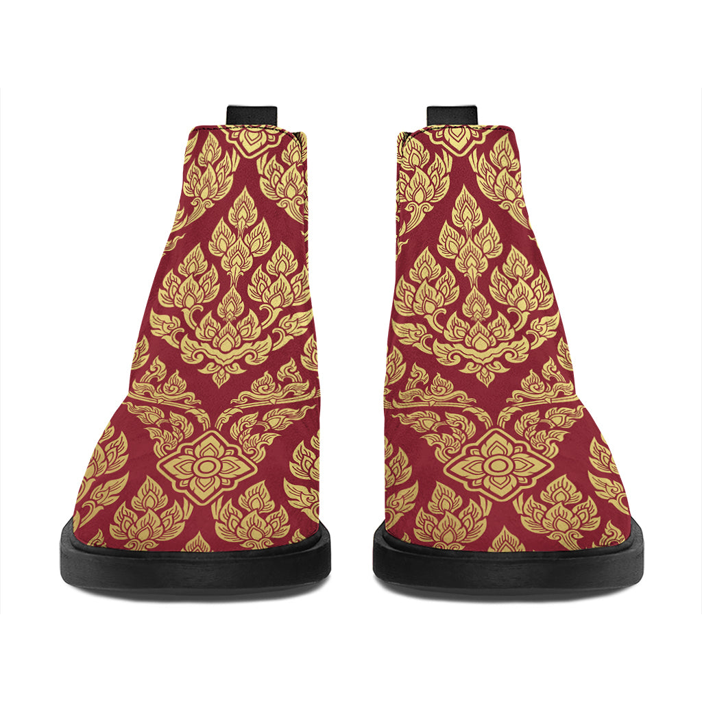 Gold And Red Thai Pattern Print Flat Ankle Boots