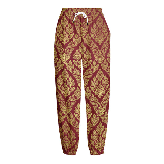 Gold And Red Thai Pattern Print Fleece Lined Knit Pants