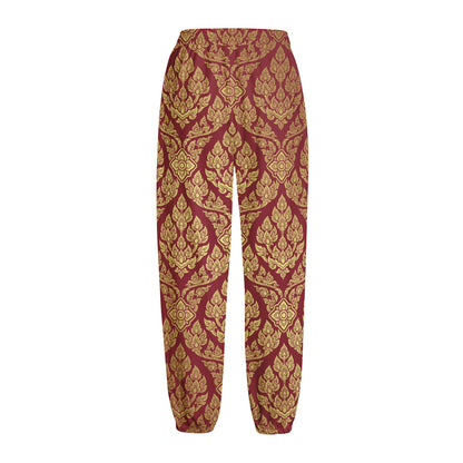 Gold And Red Thai Pattern Print Fleece Lined Knit Pants