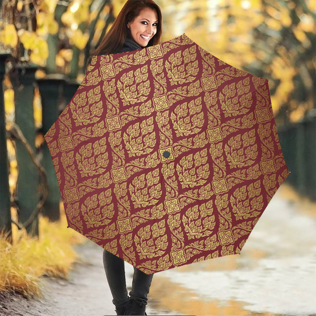 Gold And Red Thai Pattern Print Foldable Umbrella