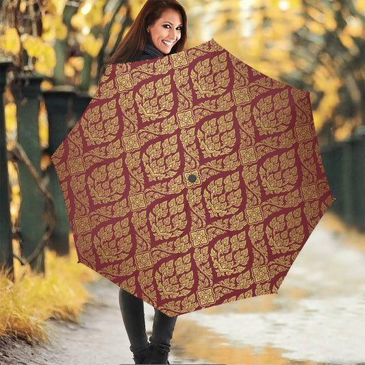 Gold And Red Thai Pattern Print Foldable Umbrella