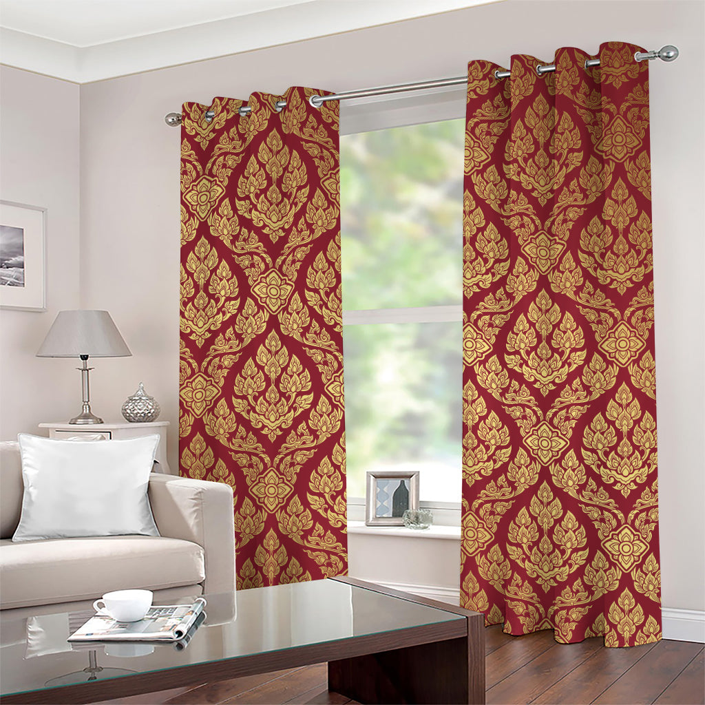 Gold And Red Thai Pattern Print Grommet Curtains