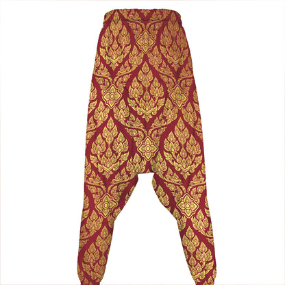 Gold And Red Thai Pattern Print Hammer Pants