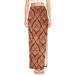 Gold And Red Thai Pattern Print High Slit Maxi Skirt