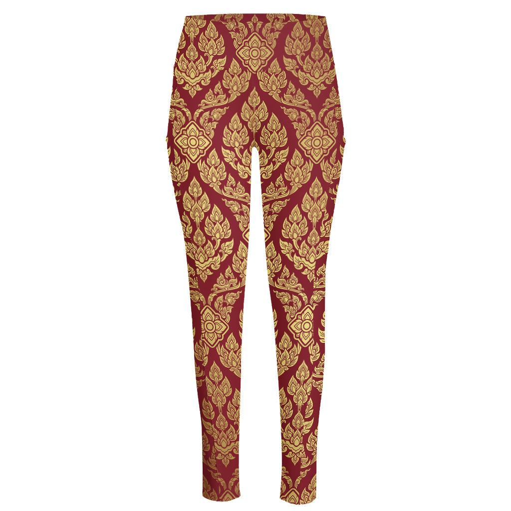 Gold And Red Thai Pattern Print High-Waisted Pocket Leggings