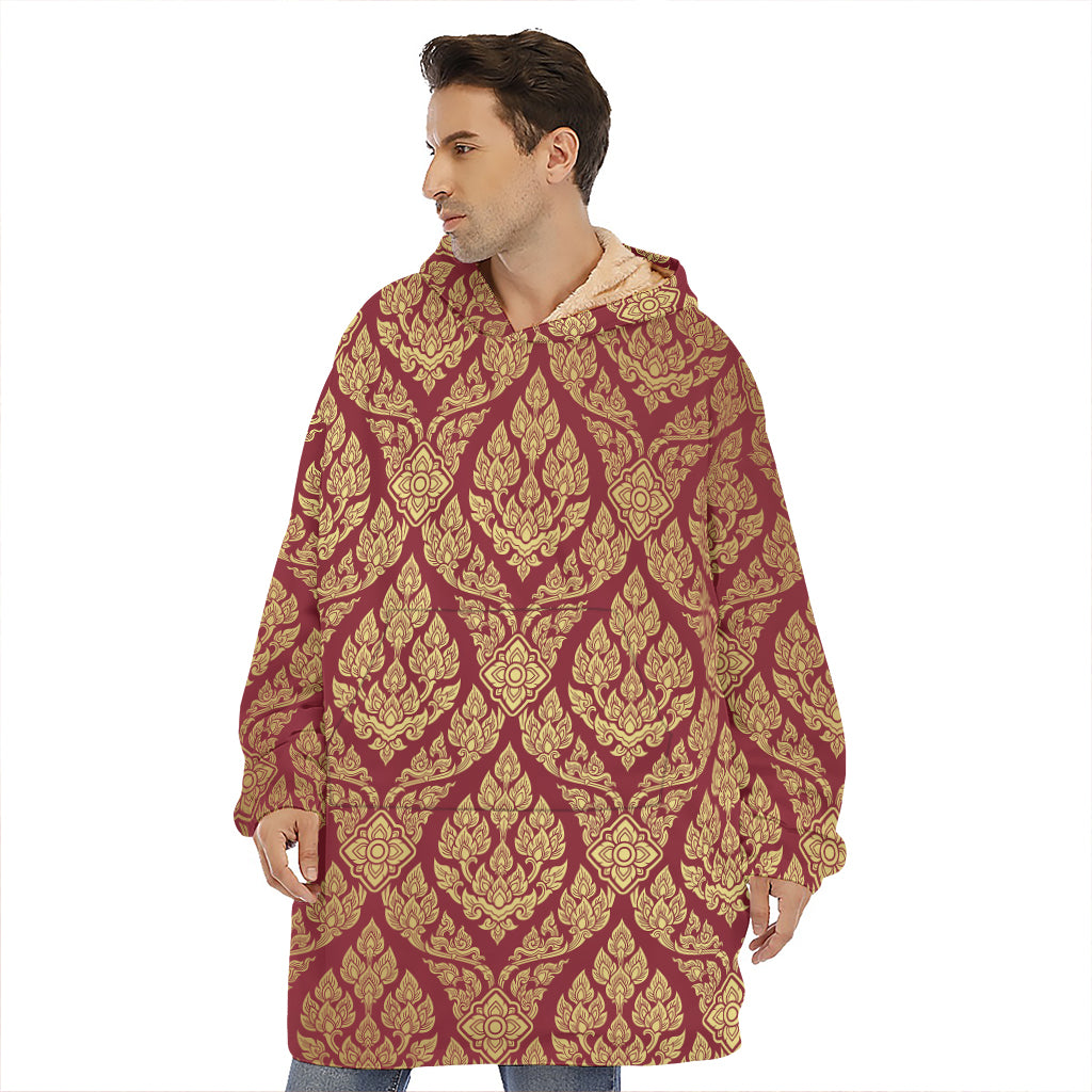 Gold And Red Thai Pattern Print Hoodie Blanket