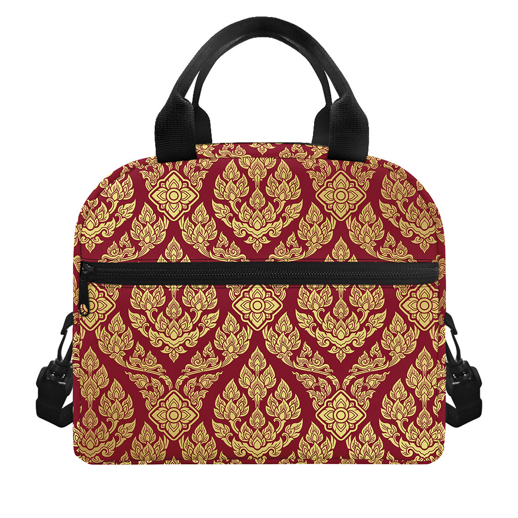 Gold And Red Thai Pattern Print Insulated Lunch Bag