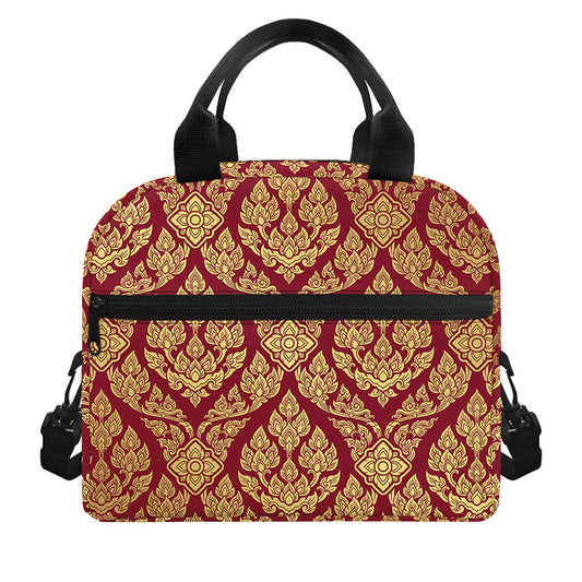 Gold And Red Thai Pattern Print Insulated Lunch Bag