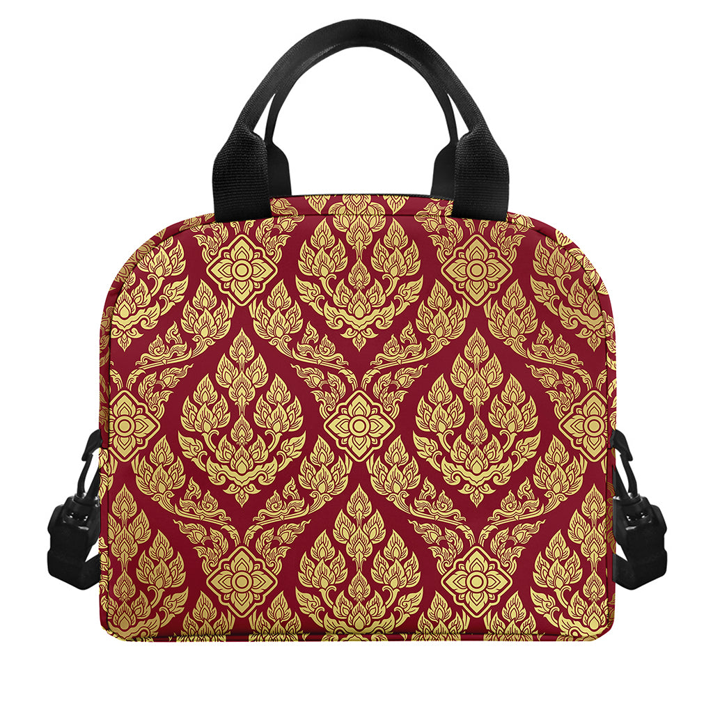 Gold And Red Thai Pattern Print Insulated Lunch Bag