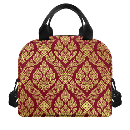 Gold And Red Thai Pattern Print Insulated Lunch Bag