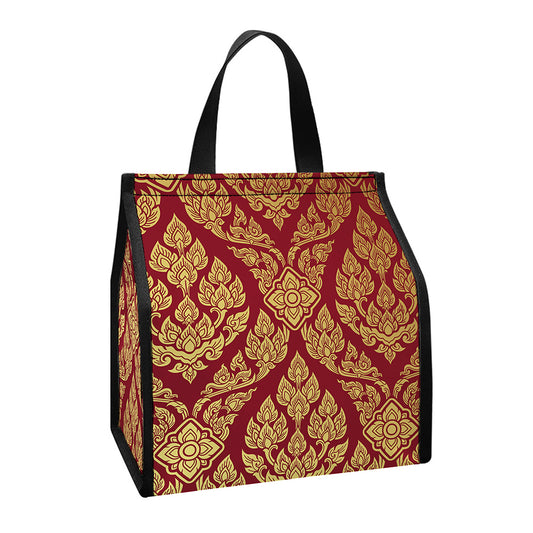 Gold And Red Thai Pattern Print Insulated Lunch Tote