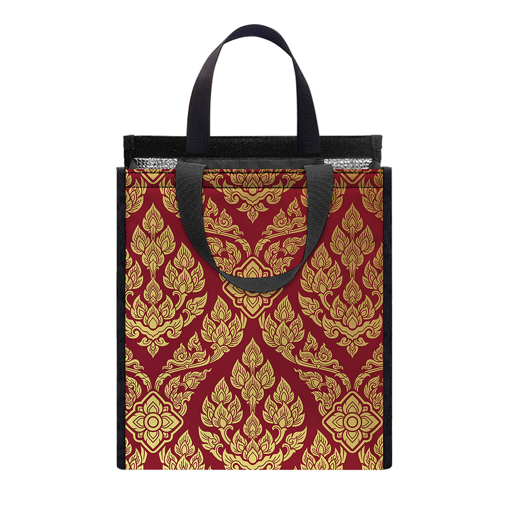 Gold And Red Thai Pattern Print Insulated Lunch Tote
