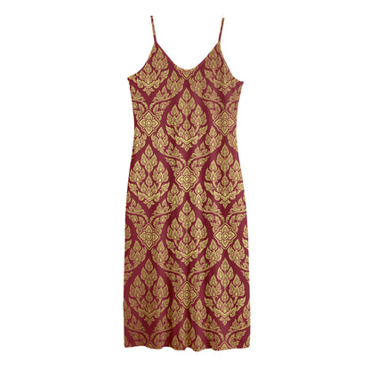 Gold And Red Thai Pattern Print Jersey Midi Cami Dress