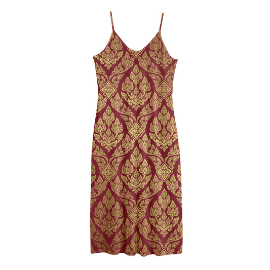 Gold And Red Thai Pattern Print Jersey Midi Cami Dress