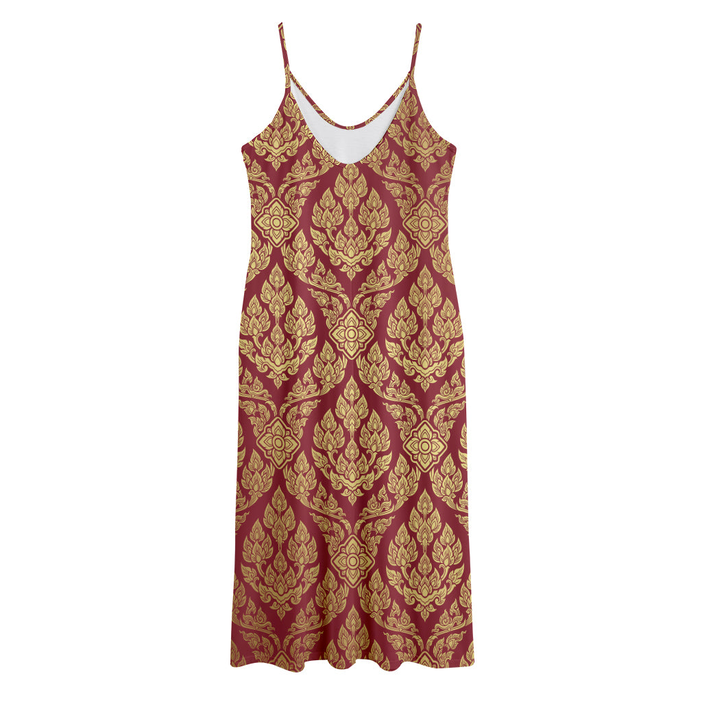 Gold And Red Thai Pattern Print Jersey Midi Cami Dress