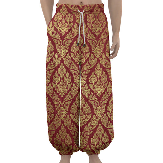 Gold And Red Thai Pattern Print Lantern Pants
