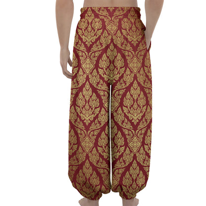 Gold And Red Thai Pattern Print Lantern Pants