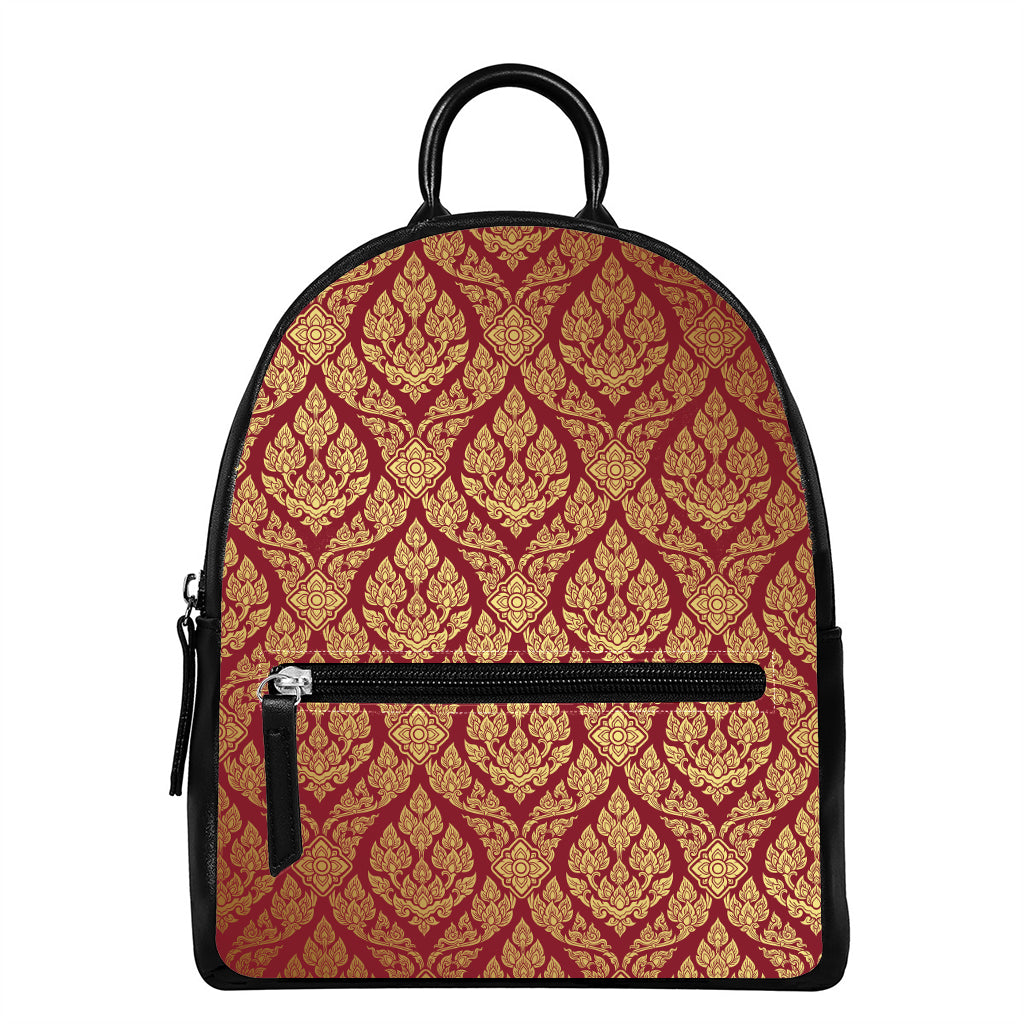 Gold And Red Thai Pattern Print Leather Backpack