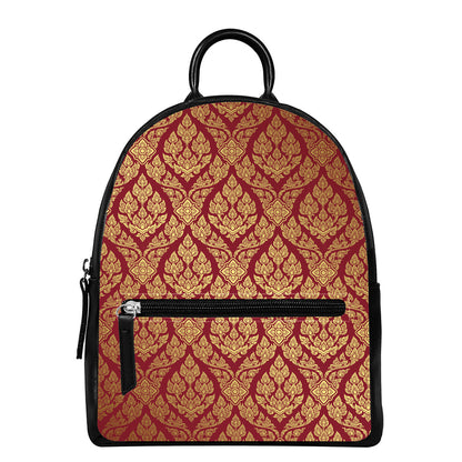 Gold And Red Thai Pattern Print Leather Backpack